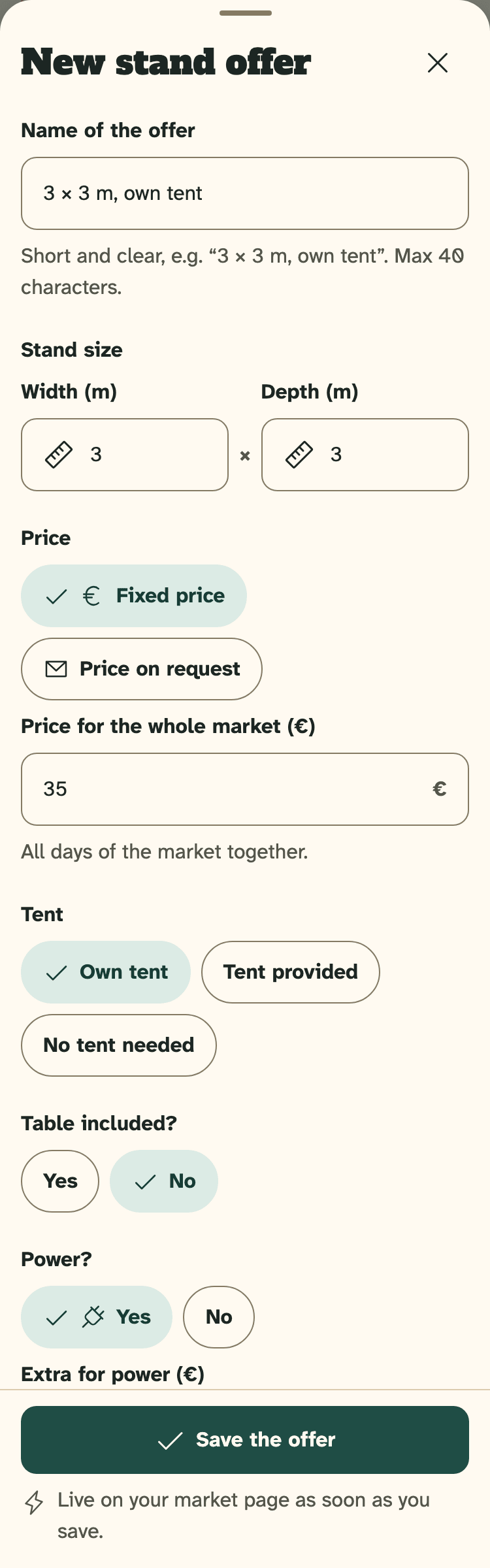 Screenshot of the organiser portal on a phone: The sheet “New stand offer”, filled in.