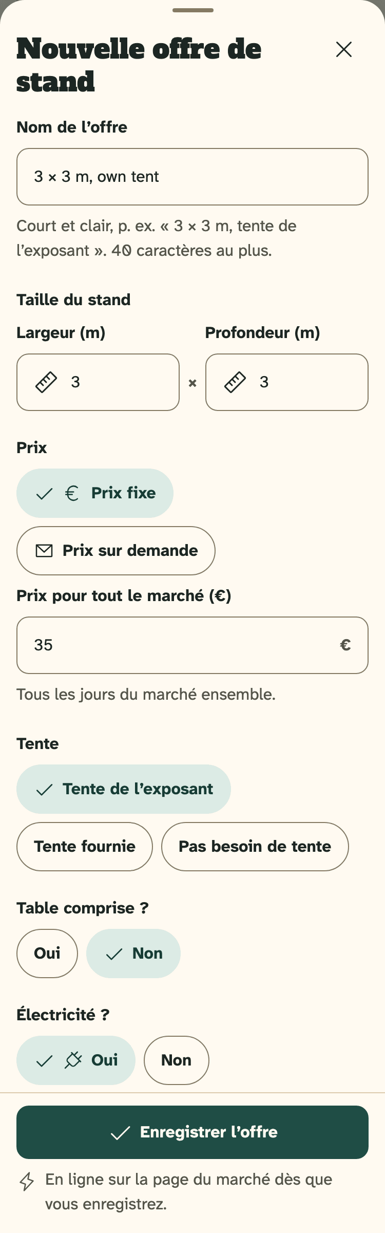 Capture d’écran de l’espace organisateurs sur un téléphone : La fenêtre « Nouvelle offre de stand », remplie.