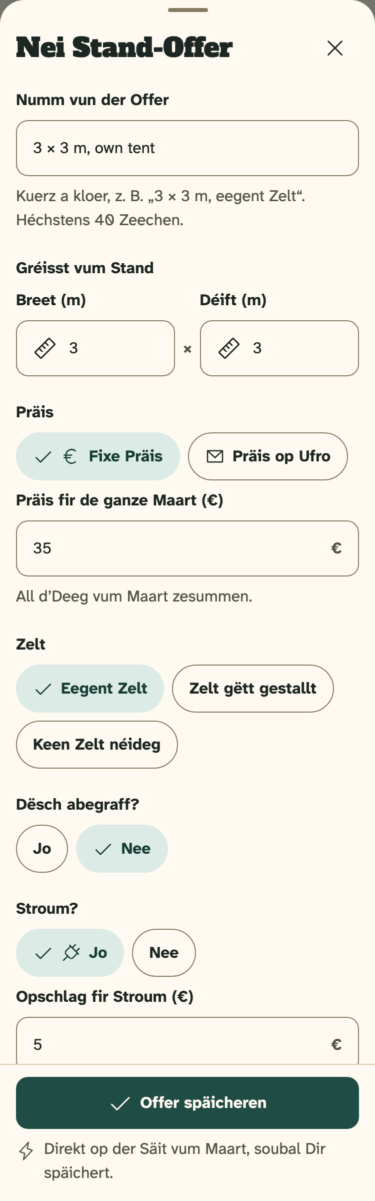 Screenshot vum Organisateuren-Portal op engem Handy: D’Fënster „Nei Stand-Offer“, ausgefëllt.
