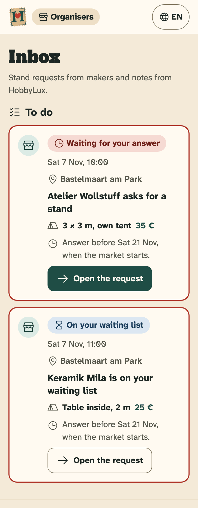 Screenshot of the organiser portal on a phone: The Inbox with two stand requests under “To do”.