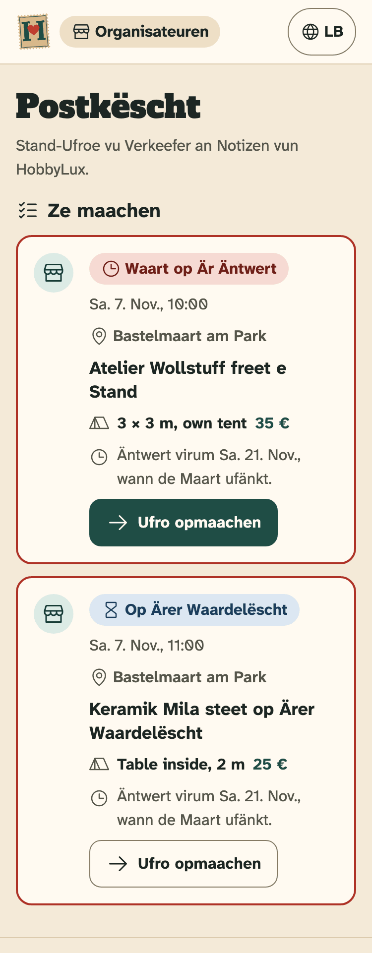 Screenshot vum Organisateuren-Portal op engem Handy: D’Postkëscht mat zwou Stand-Ufroen ënner „Ze maachen“.