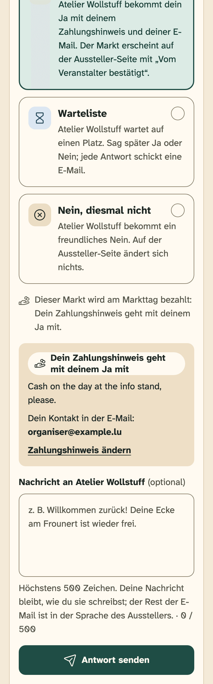 Screenshot des Veranstalter-Portals auf einem Handy: Die Karte „Deine Antwort“ in einer Anfrage, mit gewähltem Ja.