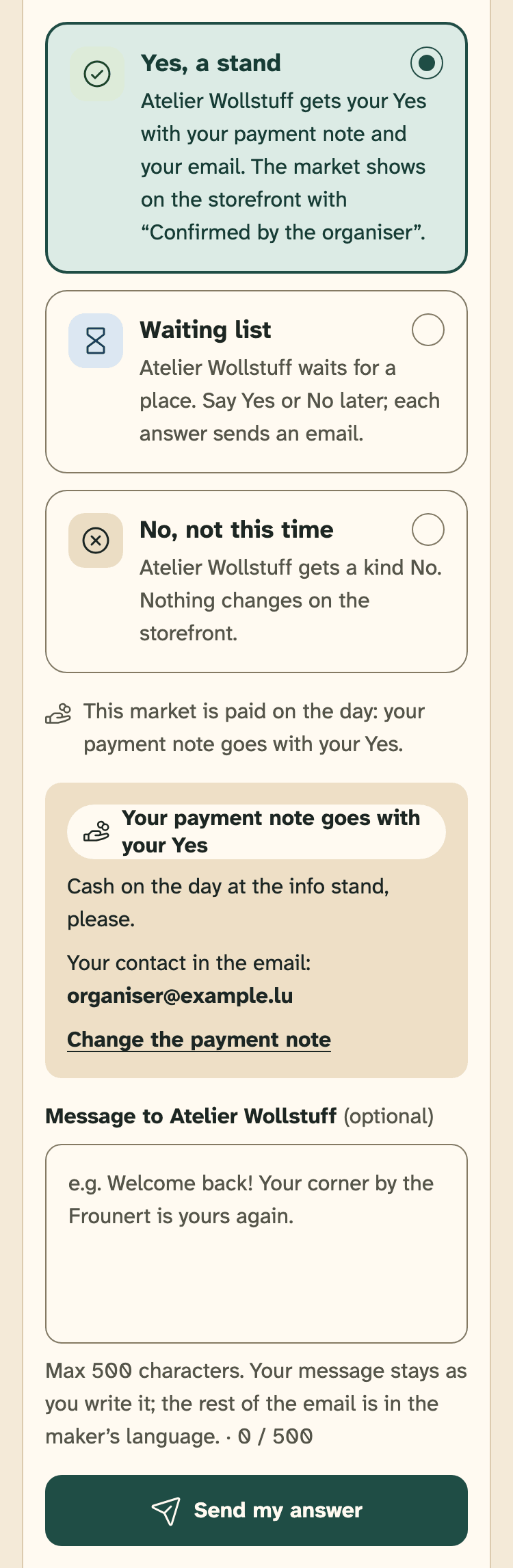 Screenshot of the organiser portal on a phone: The card “Your answer” on a request, with Yes picked.