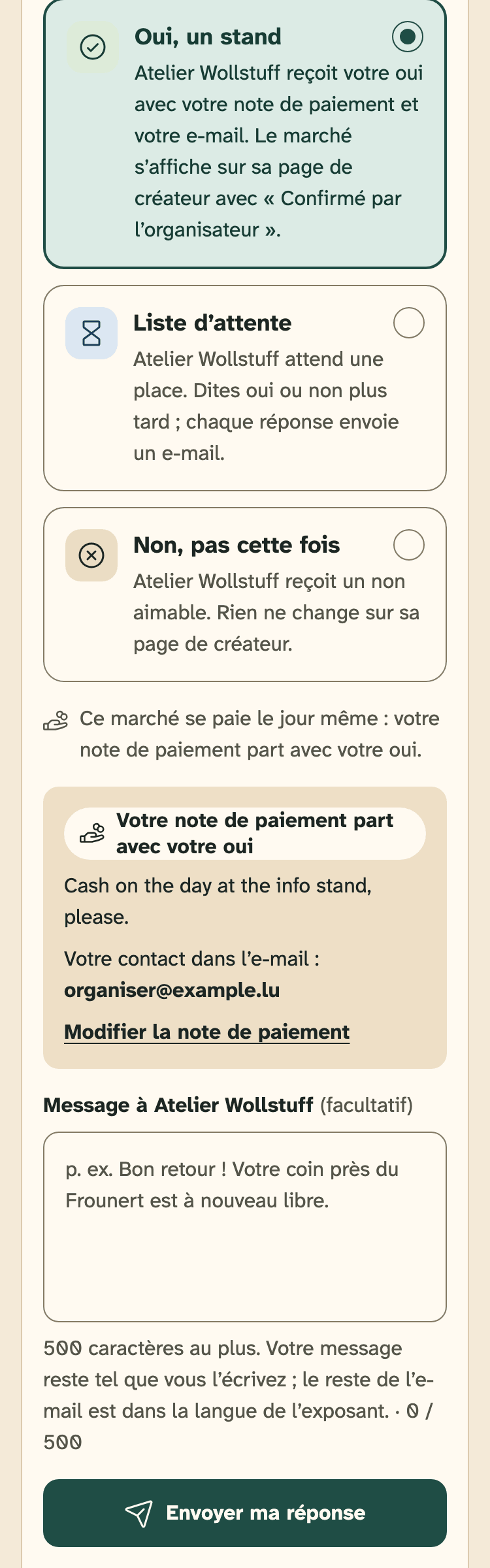 Capture d’écran de l’espace organisateurs sur un téléphone : La carte « Votre réponse » sur une demande, avec oui choisi.