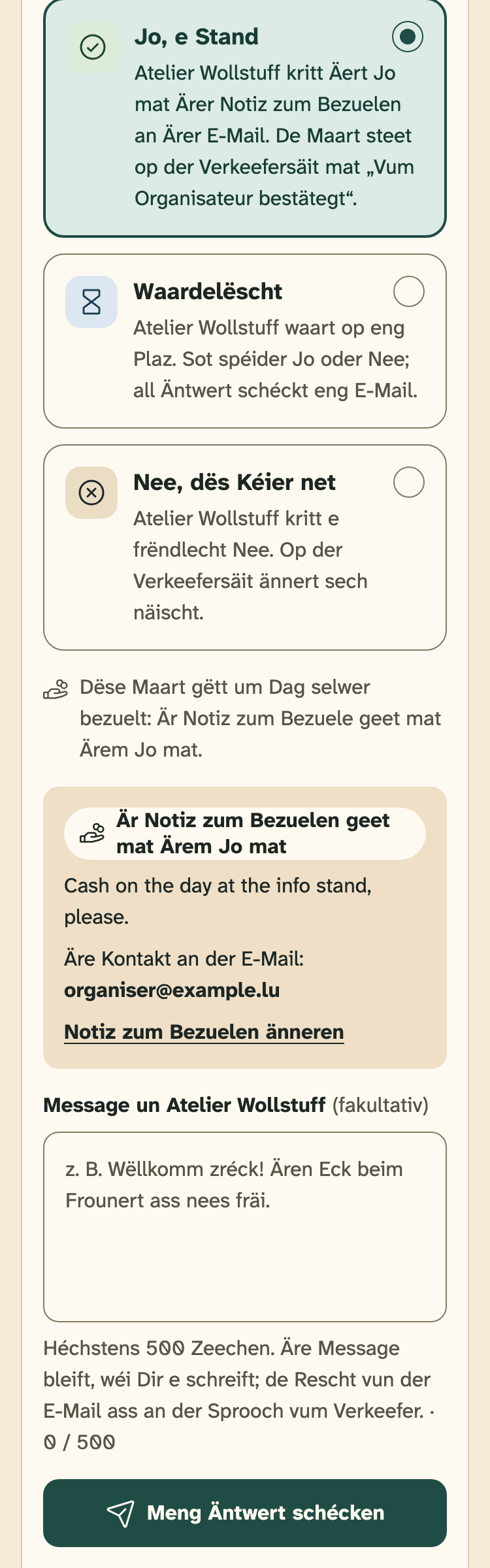 Screenshot vum Organisateuren-Portal op engem Handy: D’Kaart „Är Äntwert“ op enger Ufro, mat Jo gewielt.